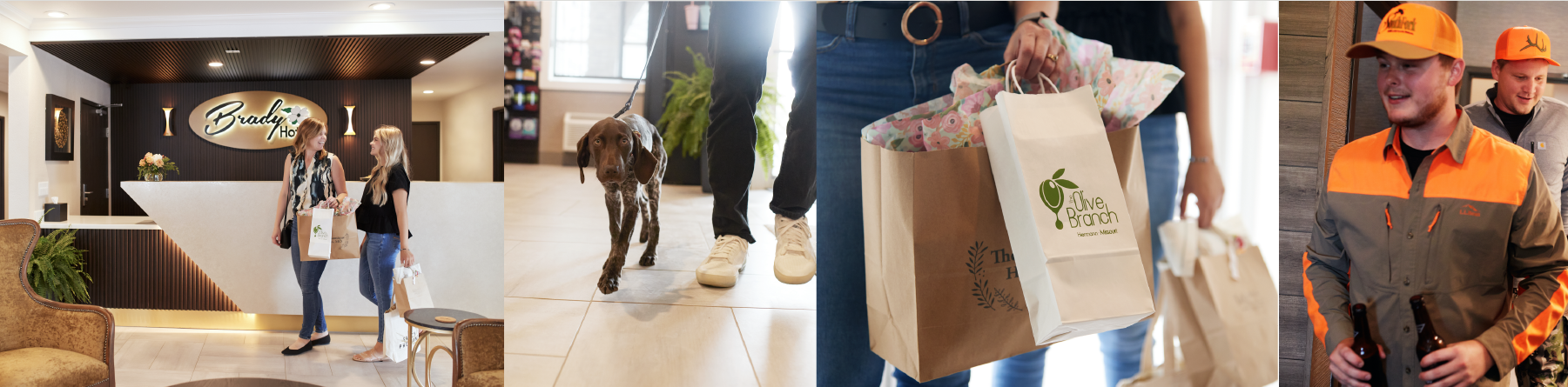 lobby, dog, shopping bags, and hunters walking in Hotel room